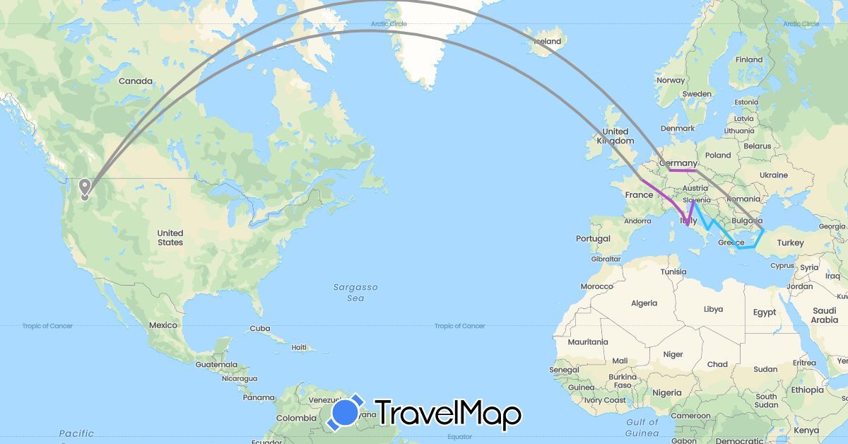 TravelMap itinerary: plane, train, boat in Czech Republic, Germany, France, Greece, Croatia, Italy, Turkey, United States (Asia, Europe, North America)